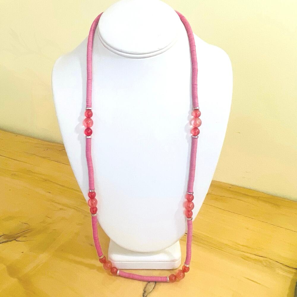 Vtg Artisan Pink Vulcanite Heishi Discs & Translucent Bead Necklace Southwestern